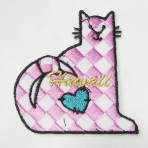 핑크 하트 체스 패턴 고양이 열접착식 와펜 자수 패치