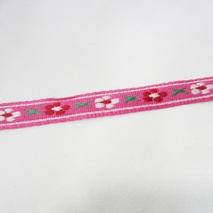 핑크 비비드 꽃무늬 자수 테이프 1야드